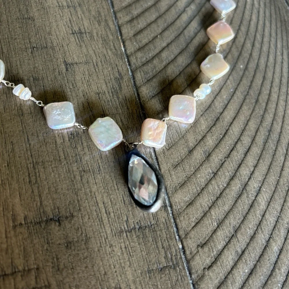 34" NECKLACE PEARL COLOR SQUARE PEARLS;  STERLING SILVER CRYSTAL CHARM; NEW - Picture 2 of 9